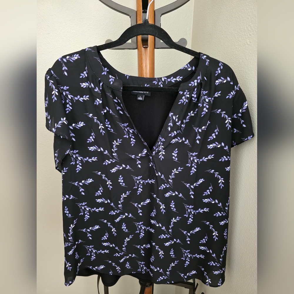 Elegant Black Blouse with Purple Leaf Design